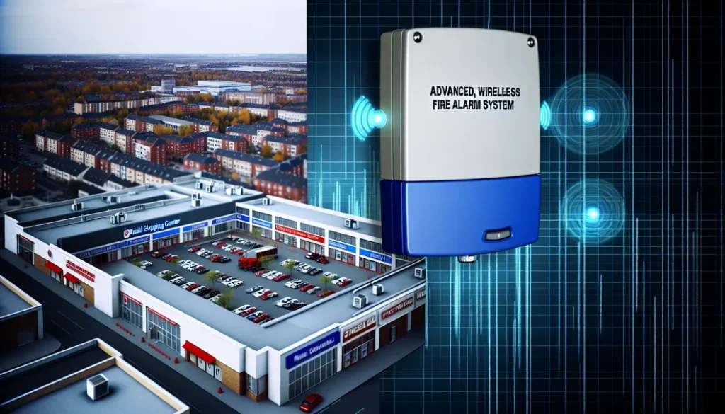 Tòa nhà thương mại với hệ thống báo cháy không dây và biểu tượng phòng cháy nổi bật.