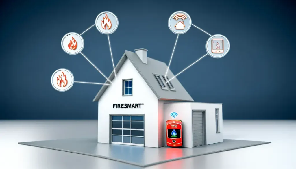 Hình ảnh mô tả ngôi nhà thông minh với hệ thống báo cháy và các thiết bị tự động hóa.