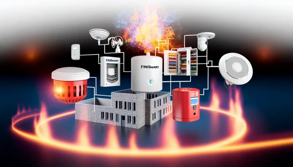 Biểu tượng hệ thống FireSmart với các thiết bị ngoại vi trên nền tòa nhà an toàn.