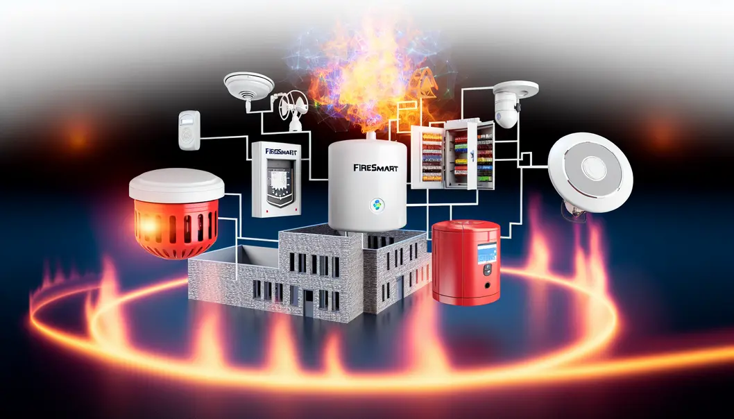 Biểu tượng hệ thống FireSmart với các thiết bị ngoại vi trên nền tòa nhà an toàn.